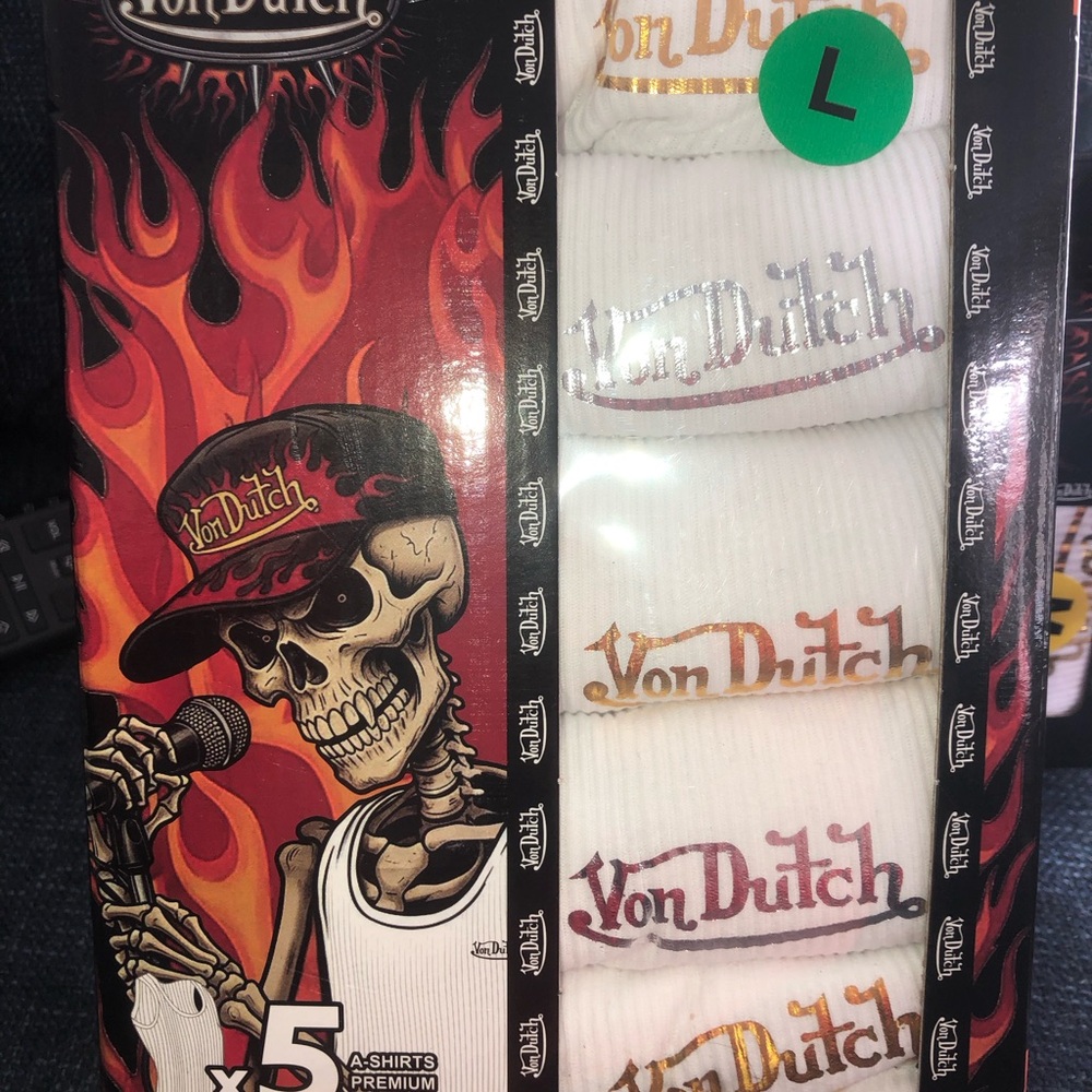 🖤 Von Dutch Men’s White Logo tank top / undershirt 5-Pack. Size L